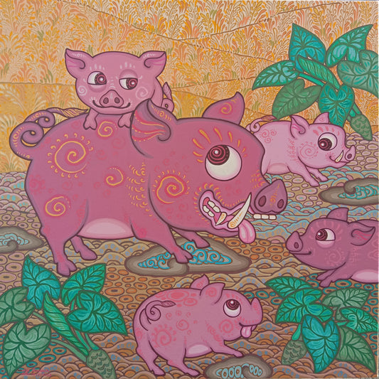 Happy Pig Family (70cm x 70cm) by Cyx Daeng