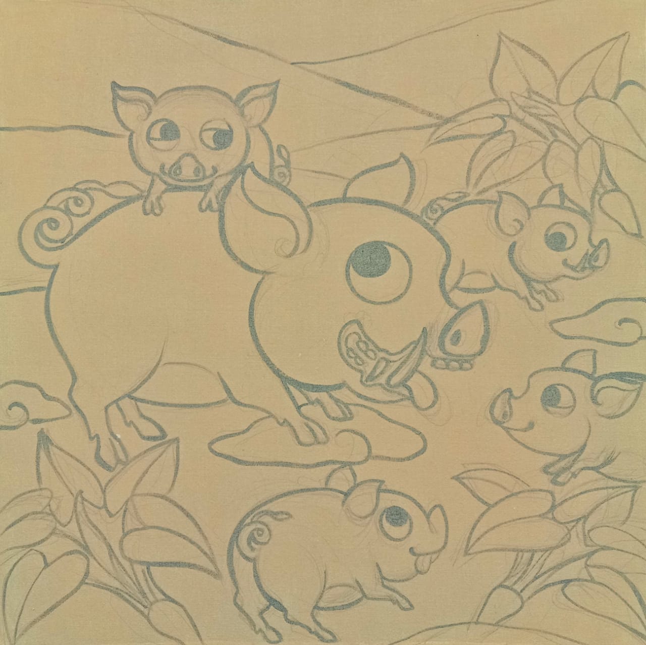 Happy Pig Family (70cm x 70cm) by Cyx Daeng