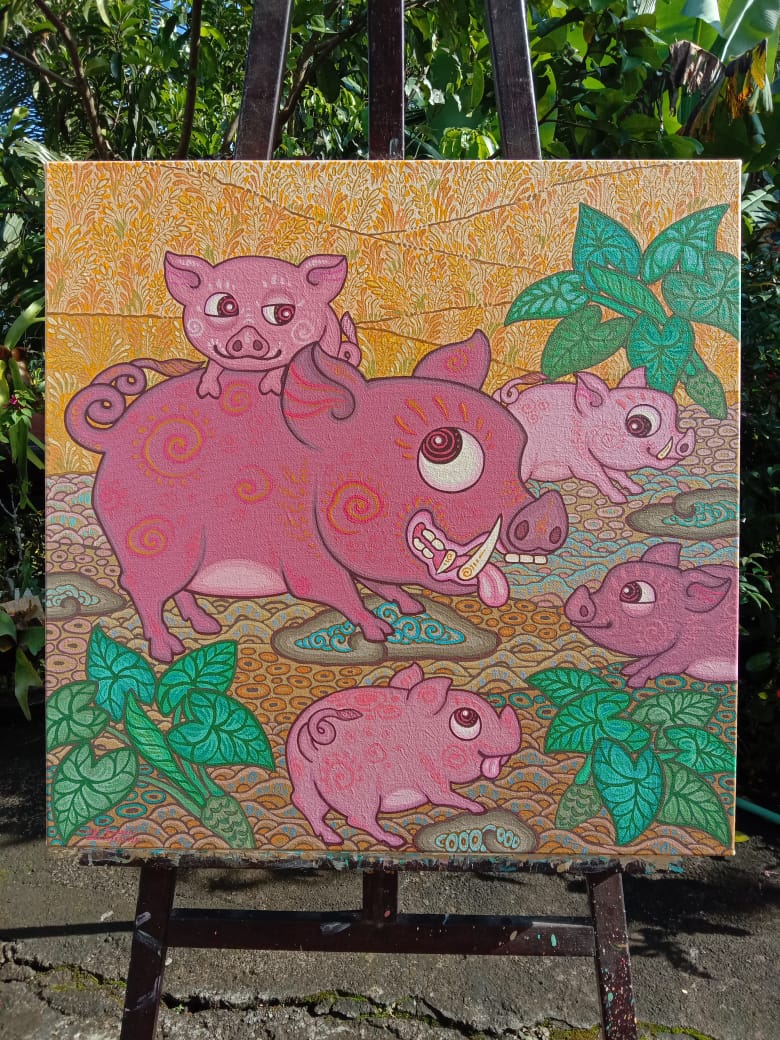 Happy Pig Family (70cm x 70cm) by Cyx Daeng