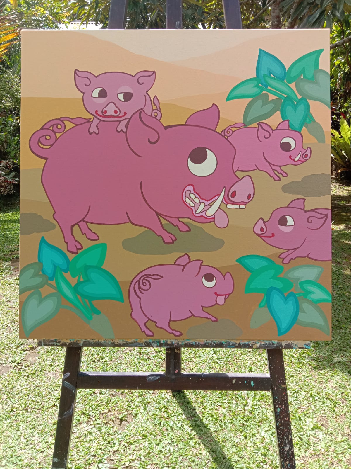 Happy Pig Family (70cm x 70cm) by Cyx Daeng