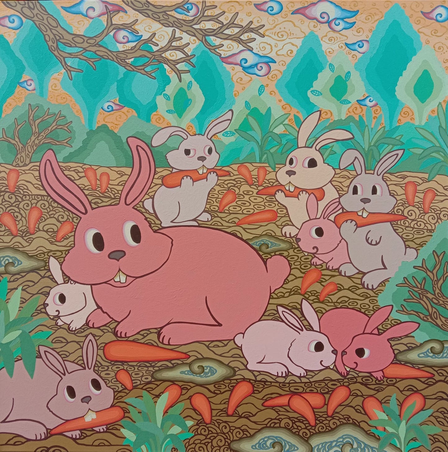 Bunny Harvest Carrots (110cm x 110cm) by Cyx Daeng