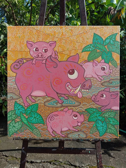 Happy Pig Family (70cm x 70cm) by Cyx Daeng