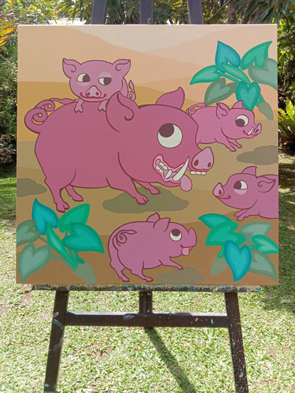 Happy Pig Family (70cm x 70cm) by Cyx Daeng