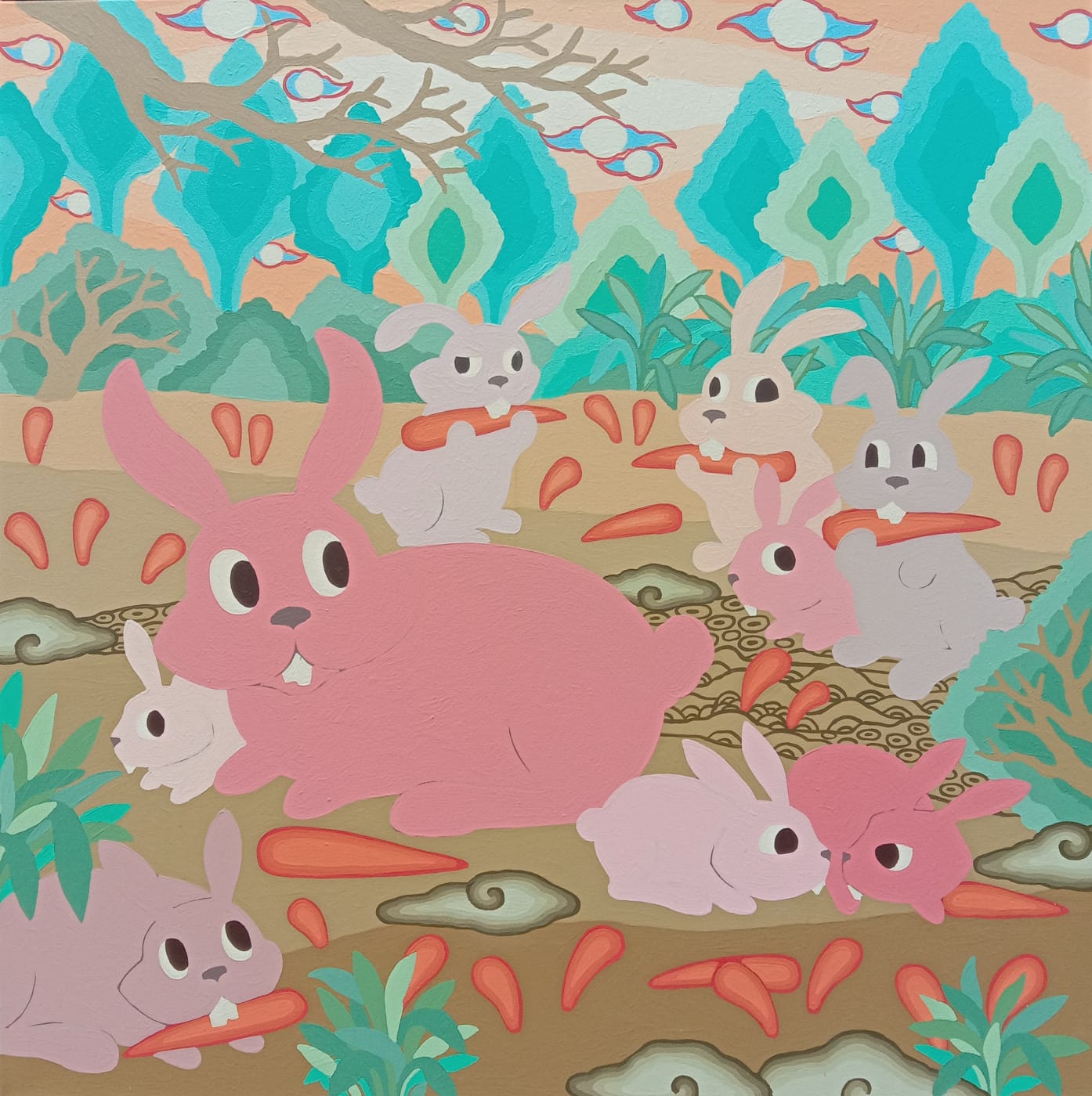 Bunny Harvest Carrots (110cm x 110cm) by Cyx Daeng